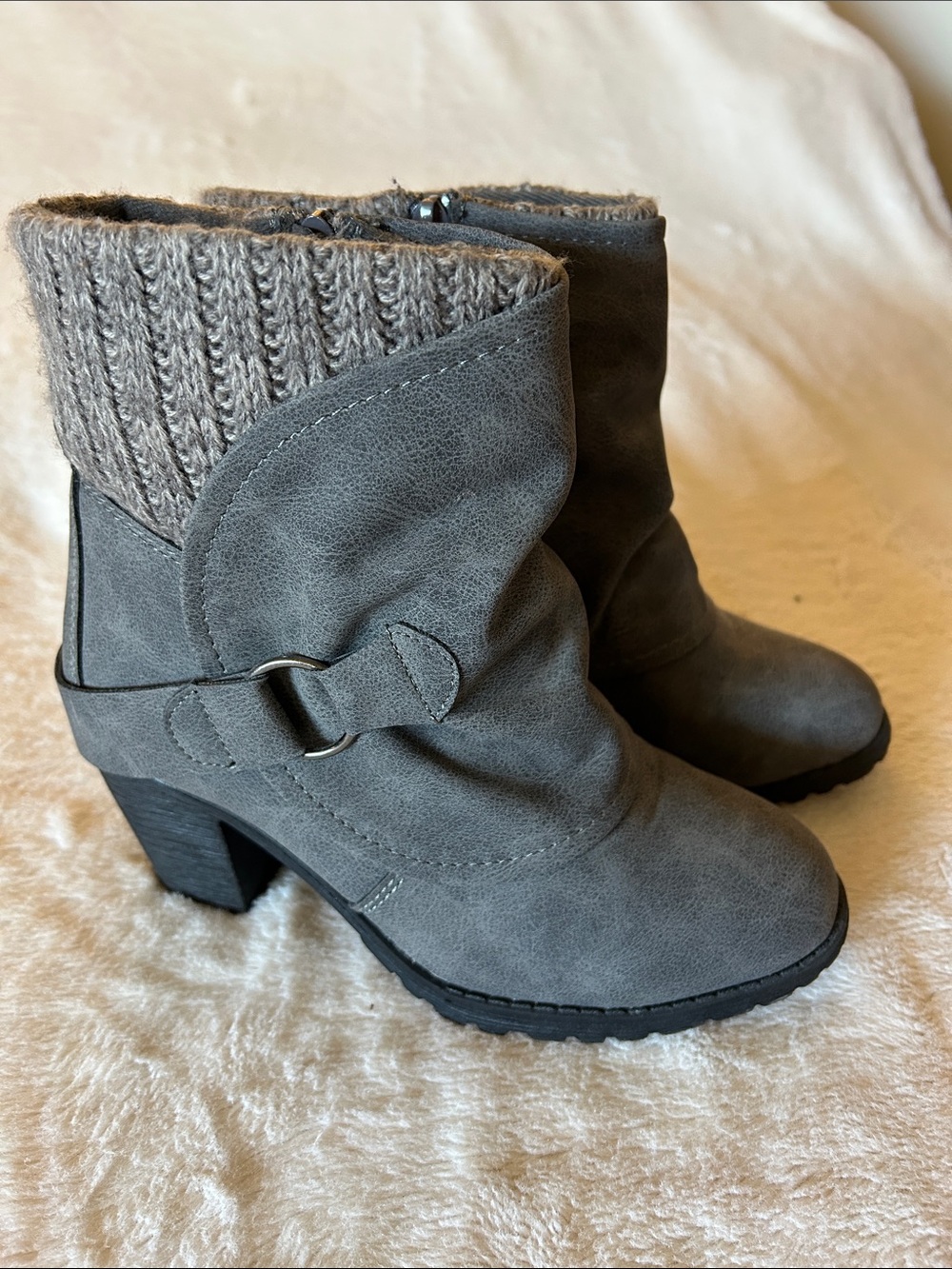 Luk-ees Gray Knit-Cuff Block Heel Ankle Boots with Ring Detail